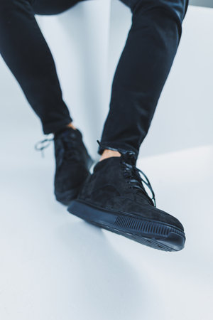 Men's casual shoes in black color made of genuine leather, men on shoes in black lace shoes. High quality photoの写真素材