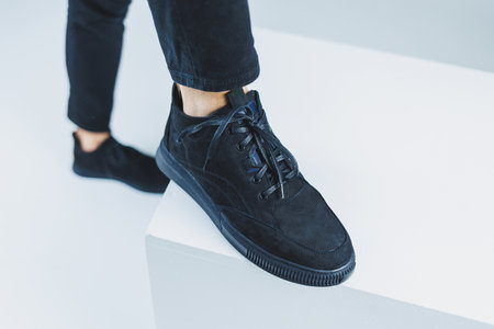 Men's casual shoes in black color made of genuine leather, men on shoes in black lace shoes. High quality photoの写真素材