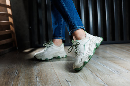 White leather summer sneakers on female legs in jeans. Women's casual sneakers. Comfortable women's...