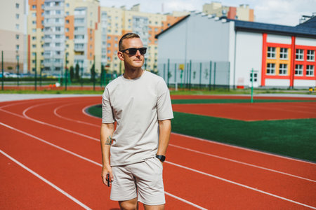 A young man in a T-shirt and shorts, wearing sunglasses. Summer men's suit.の写真素材