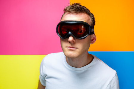 young guy male athlete in a white T-shirt, colorful background, ski mask, preparation for the winter seasonの写真素材