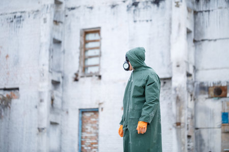A man in a protective mask and protective clothing explores a dangerous radioactive area. destroyed housesの写真素材