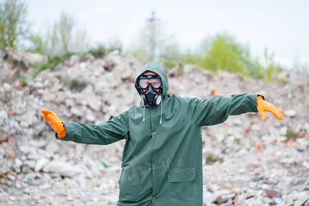 A man in a protective mask and protective clothing explores the danger zone. Ecological catastrophe. selective focusの写真素材