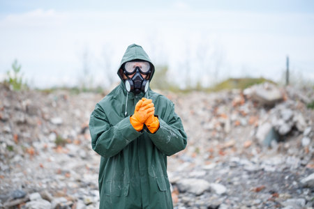 A man in a protective mask and protective clothing explores the danger zone. Ecological catastrophe. selective focusの写真素材