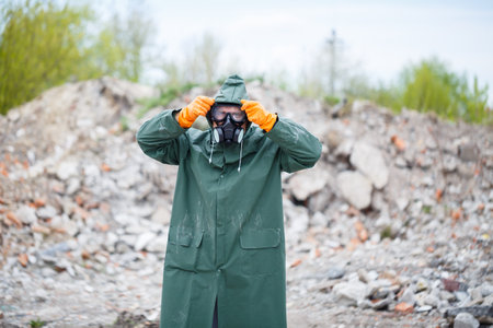 A man in a protective mask and protective clothing explores the danger zone. Ecological catastrophe....