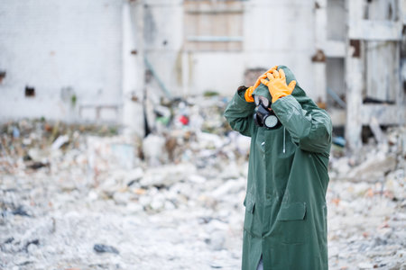 A man in a protective mask and protective clothing explores a dangerous radioactive area.の写真素材