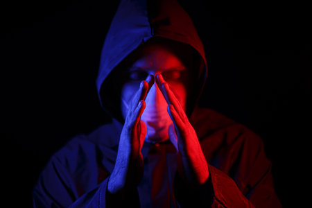 A man in a protective rubber suit and a white medical mask. Virus protection. Illuminated in red and blue.の写真素材