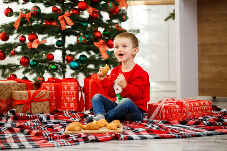 The boy sits near the Christmas tree in the Christmas kitchen. Holds a croissant in his hands. Cozy winter evenings at home. There are many Christmas gifts under the treeの写真素材