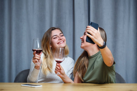 Two girls of European appearance sit at a table with glasses of wine and take a photo on the phoneの写真素材
