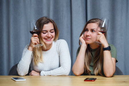 two girls of European appearance with blond hair are sitting at the table, drinking wine and laughing, relaxing at home, alcoholの写真素材