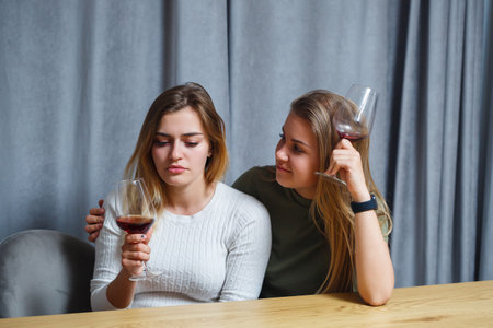 Two happy young women are friends with wine enjoying a conversation in the living room at home. girls roommate chatting at the table. European women relax talking in a cozy house.の写真素材