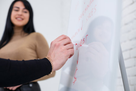 Male announcer manager businessman writes business promotion plan on white board. Standing in a...