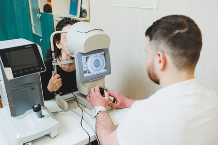Examination of vision on modern ophthalmological equipment. Eye examination of a woman at an ophthalmologist's appointment using microscopes. Vision treatment at an ophthalmologist appointmentの写真素材
