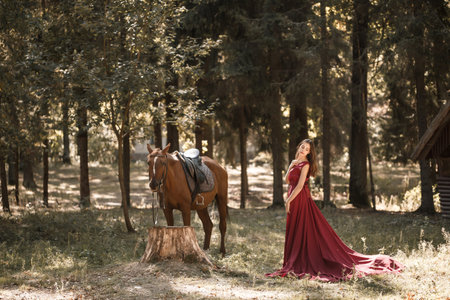 Portrait of a smiling young woman hugging her brown horse. A girl in a dress is standing near a horse. The concept of friendship between people and pets.の写真素材