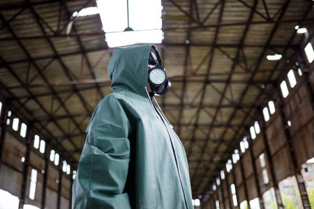 A man in a protective mask and protective clothing explores the danger zone. Ecological catastrophe....