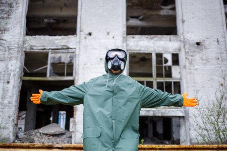 A dosimetrist scientist in protective clothing and a gas mask checks the level of radioactive...