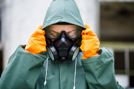 A dosimetrist scientist in protective clothing and a gas mask checks the level of radioactive...