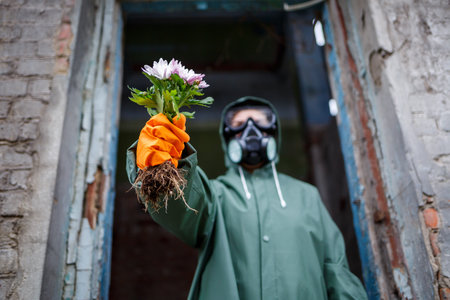 A dosimetrist scientist in protective clothing and a gas mask examines the danger zone. Close-up....