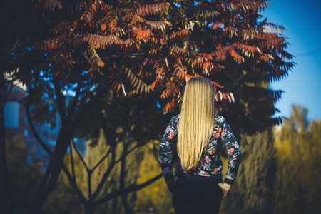 Woman girl long-haired blonde in a forest with trees with red leaves. She is happy confident in a photo shoot. Autumn park sunny warm day. Romantic concept.の写真素材