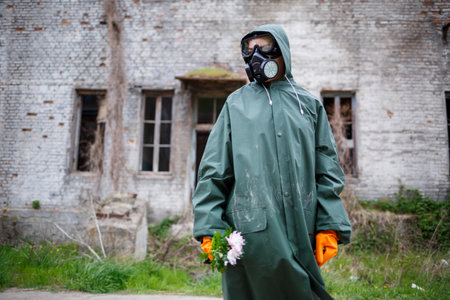 A dosimetrist scientist in protective clothing and a gas mask examines the danger zone. Close-up. flower in handsの写真素材