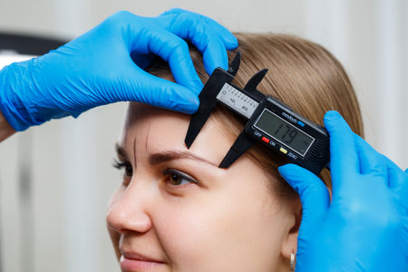 A woman permanent makeup artist draws a sketch of the eyebrows on the face of her client.の写真素材