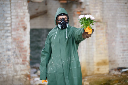 A dosimetrist scientist radiation inspector in protective clothing and a gas mask examines the...