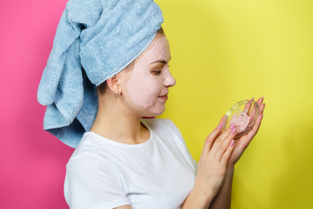 Portrait of a beautiful young girl who puts a refreshing mask on her face to rejuvenate and tone the skin. Beauty treatmentsの写真素材