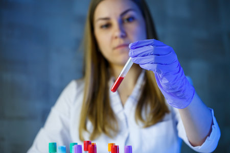 A medical professional, laboratory assistant, doctor performs an analysis in a laboratory, uses test...