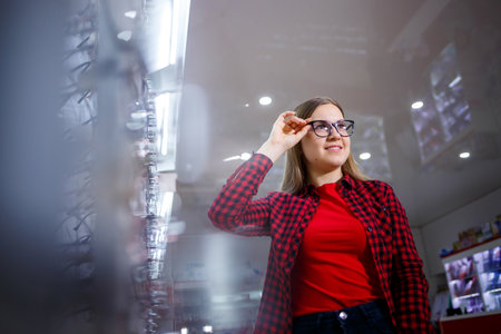 A visually impaired girl chooses glasses. She is wearing a shirt and a beautiful smile.