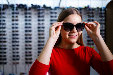 Beautiful young girl chooses sunglasses in an optics store.