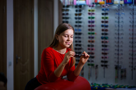 Beautiful young girl chooses sunglasses in an optics store.の写真素材