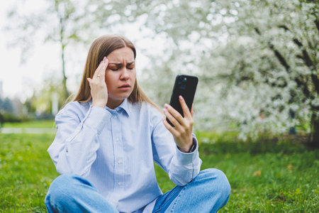 Young emotional asian woman using mobile phone watching video online, rearing news sitting on grass. Excited female shopping onlineの写真素材