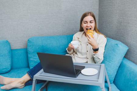 Smiling woman using laptop to check e-mail news online while sitting on sofa, working on computer, writing blog or watching webinar, studying at homeの写真素材