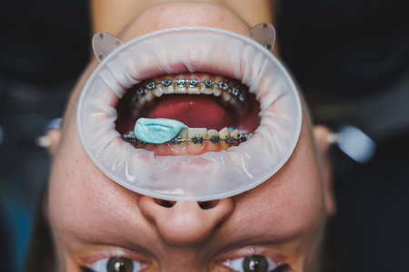Orthodontic treatment of teeth. Close-up of female teeth with braces. The doctor installs metal braces on the patient's teeth. Oral care. Selective focusの写真素材