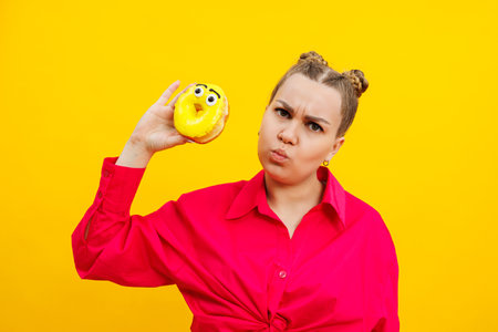 Cheerful pregnant woman holding a sweet yellow donut in her hand on a yellow background. Expecting a child, pregnancy and motherhood. The concept of healthy and unhealthy food, diet. Junk foodの写真素材