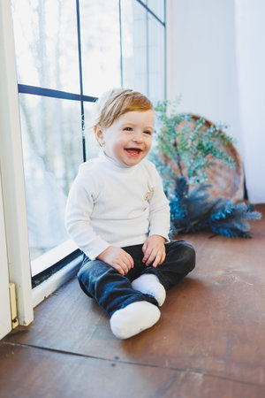 Smiling little boy 1 year old on the background of Christmas decorations at home. Home New Year's...
