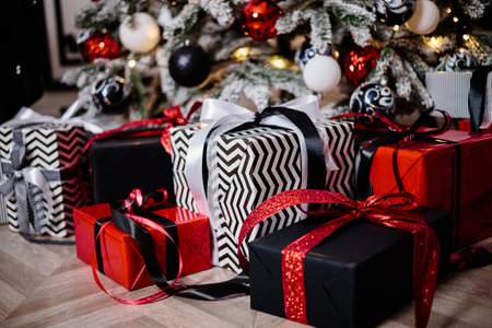 New Year's interior. Christmas tree. Christmas tree. gifts and toys under the tree. Christmas toys Christmas gifts. New Yearの写真素材