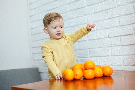 A little boy 2 years old is standing at a table with tangerines. Baby wants to sit down citrus fruits for the first timeの写真素材