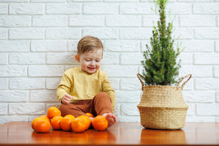 Little boy 2 years old eats tangerines. The kid wants to sit on citrus fruits for the first time. Healthy fruits for childrenの写真素材