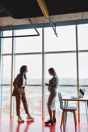 Young female manager at her workplace with a laptop and discussing work moments with her pregnant colleague in the office. Modern pregnant office workerの写真素材