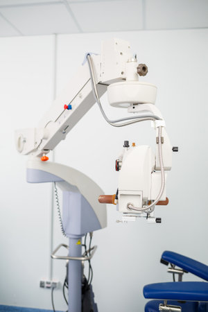 Microscopic apparatus for testing eyesight. Ophthalmology and treatment of eye diseases. Eye clinic, optometrist conceptの写真素材