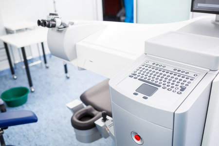 Microscopic apparatus for testing eyesight. Ophthalmology and treatment of eye diseases. Eye clinic, optometrist conceptの写真素材