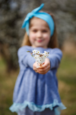 girl holds a branch of blossoming apricots in her hands. Close up of beautiful female hands holding a branch of blossoming fruit tree. delicate spring background. female hands on blurry backgroundの写真素材