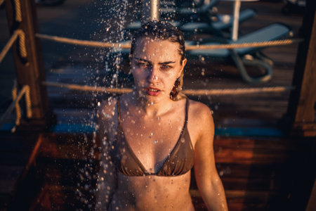 Beautiful young woman in a swimsuit with a perfect figure in the shower in the sunset light by the sea. Girl with golden tan on vacationの写真素材