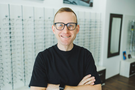 A young smiling man chooses glasses for vision correction in an ophthalmology salon. Glasses for...