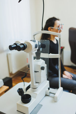 Examination of vision on modern ophthalmological equipment. Eye examination of a woman at an ophthalmologist's appointment using microscopes. Vision treatment at an ophthalmologist appointmentの写真素材