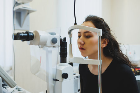 Examination of vision on modern ophthalmological equipment. Eye examination of a woman at an...