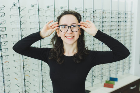 A cute woman chooses glasses in an ophthalmic store. A woman buys glasses. A woman on the background...