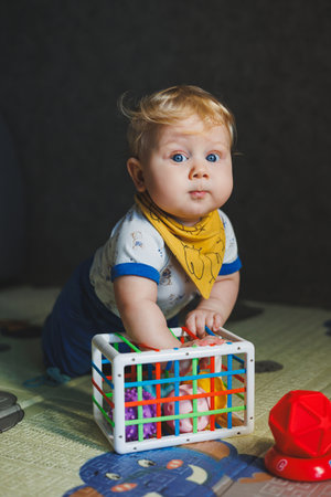 A little boy of 6 months sits on a developmental mat and plays with a sorter with balls. educational...