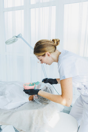 A woman is lying down at a dermatologist's appointment. Facial skin treatment. Applying a mask to a woman's faceの写真素材